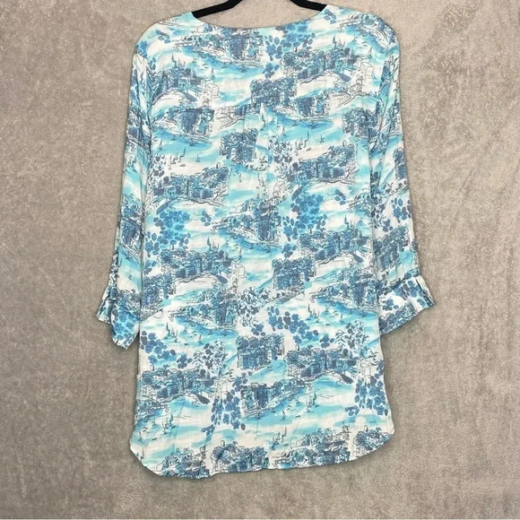 Cj Banks 1X Top Shirt Blue Floral Landscape Button Up V Neck 3/4 Sleeve High Low - Picture 4 of 7